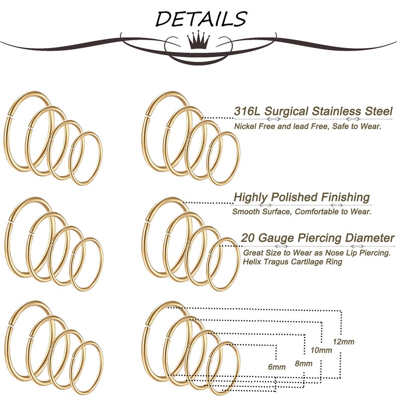 Masedy 24Pcs 20G 316L Stainless Steel Nose Rings Hoop Tragus Cartilage Helix Piercing Lip Septum Ring Gold Bendable - Image 3